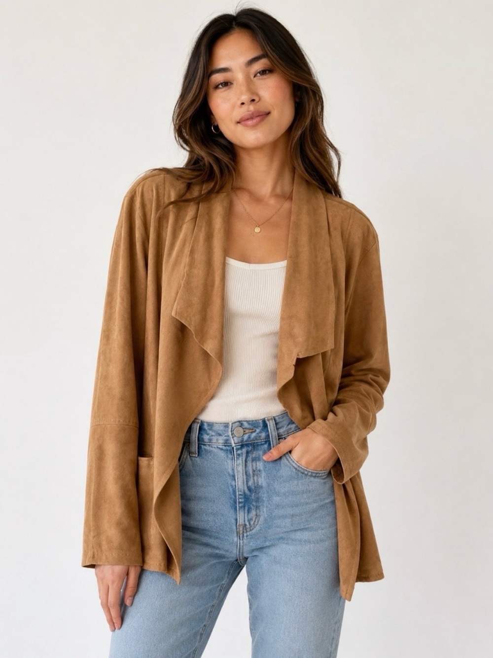 Max Studio Camel Faux Suede Waterfall Blazer